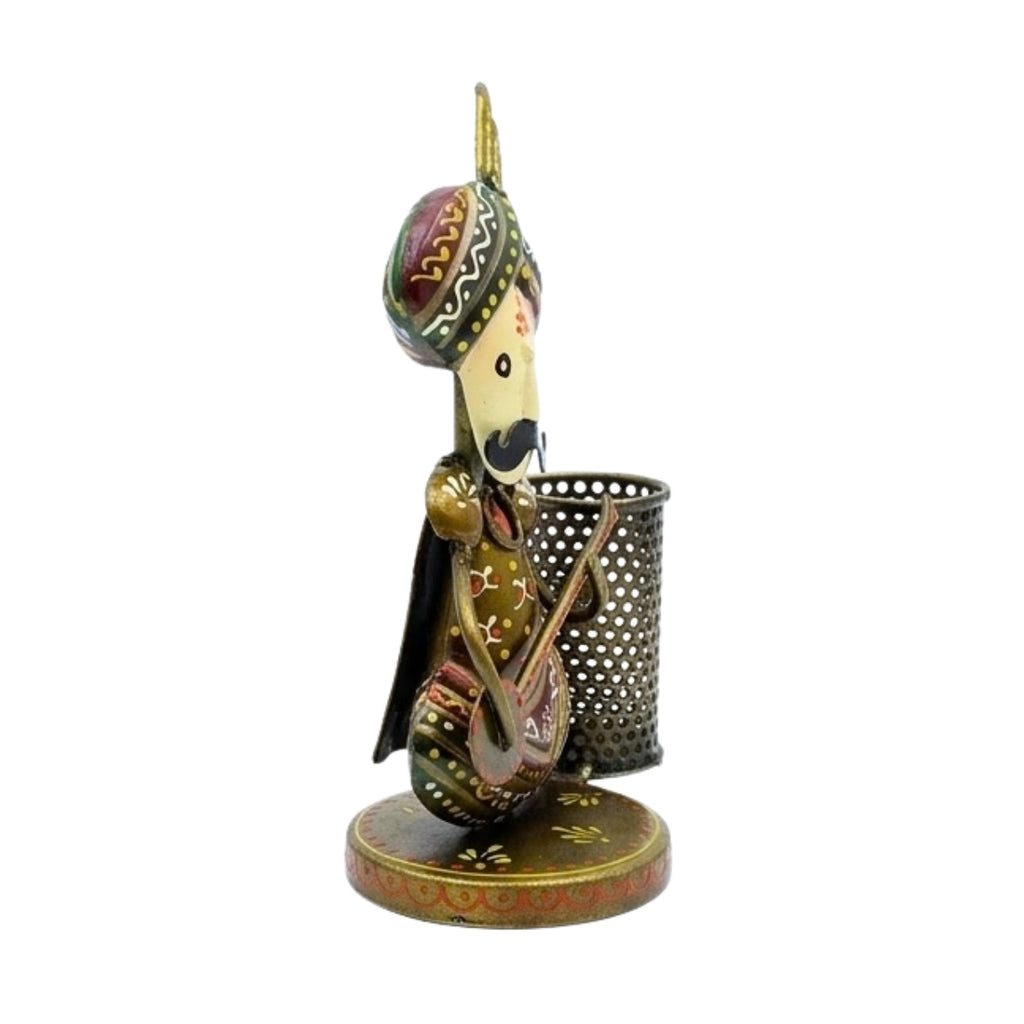 Handcrafted Rajasthani Musician Metal Pen Stand & Ethnic Desk Organizer I-243-A