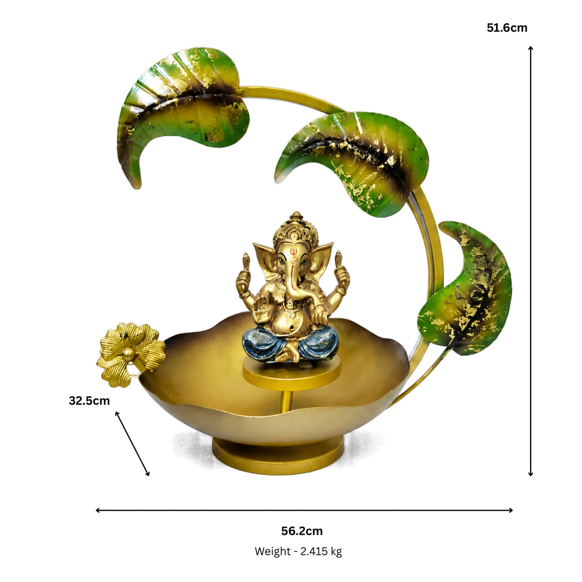 Exquisite Golden Metal Ganesha Idol with Illuminated Leaf Arch and Lotus Flower Urli Bowl Base I-411-A