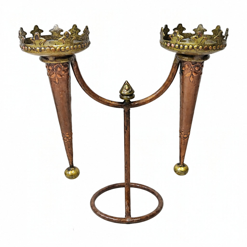 Vintage Antique Copper Candelabra – 2-Light Metal Taper Candle Holder Stand with Crown Accents I-433-A