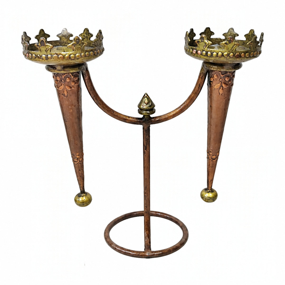 Vintage Antique Copper Candelabra – 2-Light Metal Taper Candle Holder Stand with Crown Accents I-433-A
