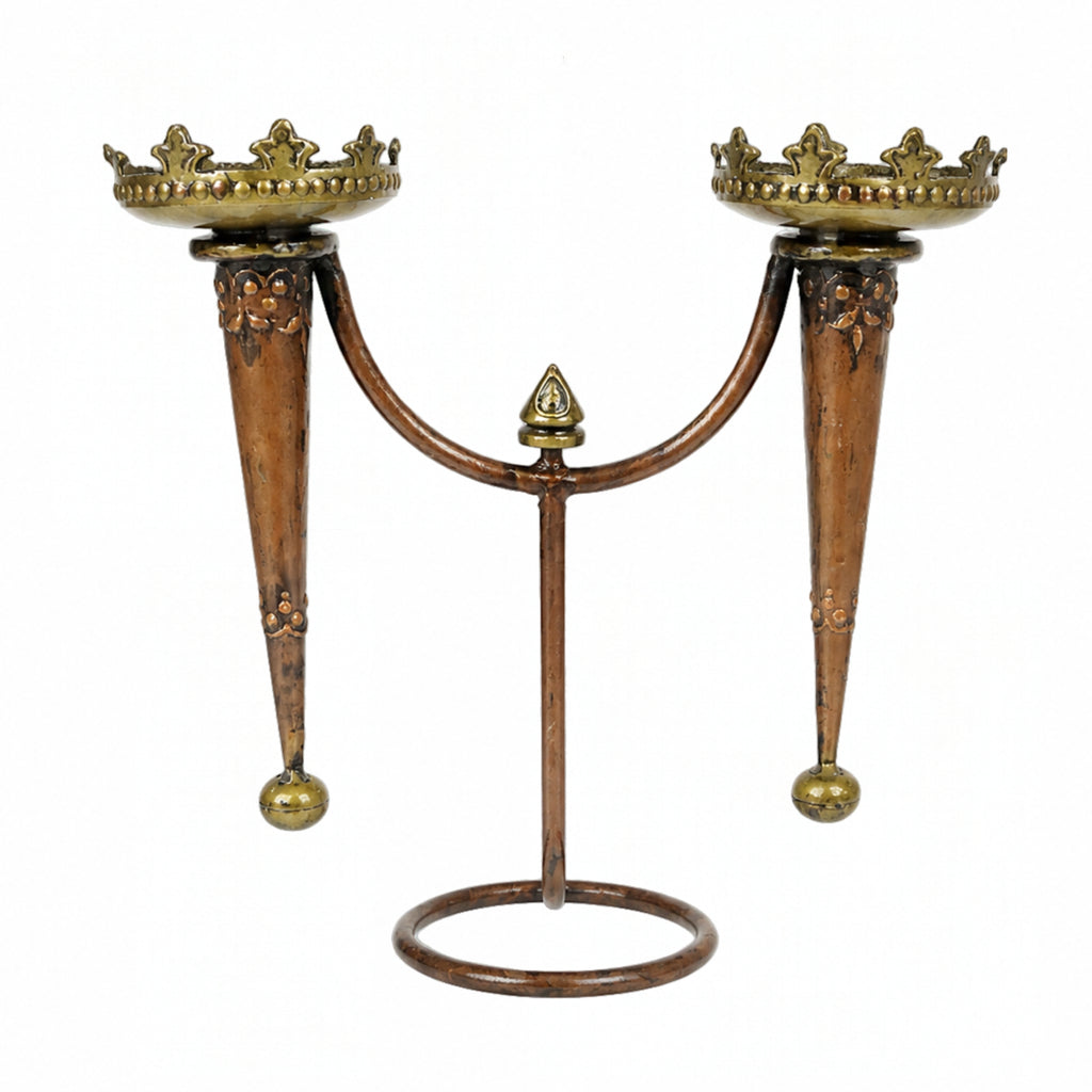 Vintage Antique Copper Candelabra – 2-Light Metal Taper Candle Holder Stand with Crown Accents I-433-A