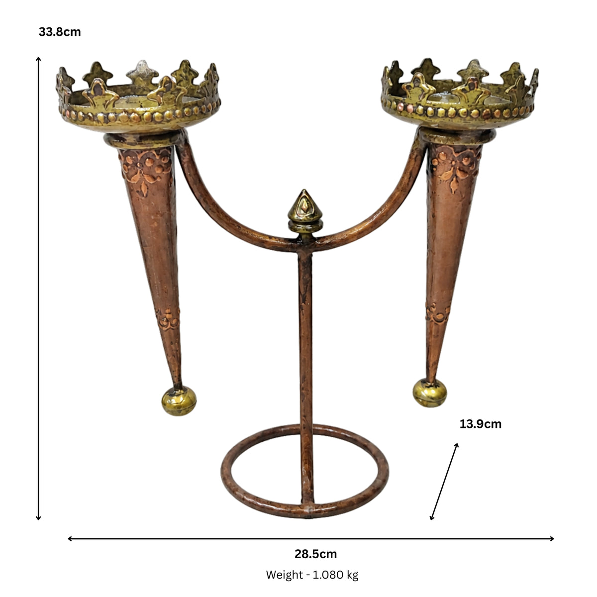 Vintage Antique Copper Candelabra – 2-Light Metal Taper Candle Holder Stand with Crown Accents I-433-A
