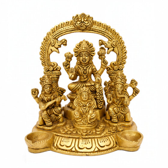 Exquisite Brass Laxmi Ganesha Saraswati Kuber Idol Set with Prabhavali Arch and Integrated Diya Bowls BR-377-A