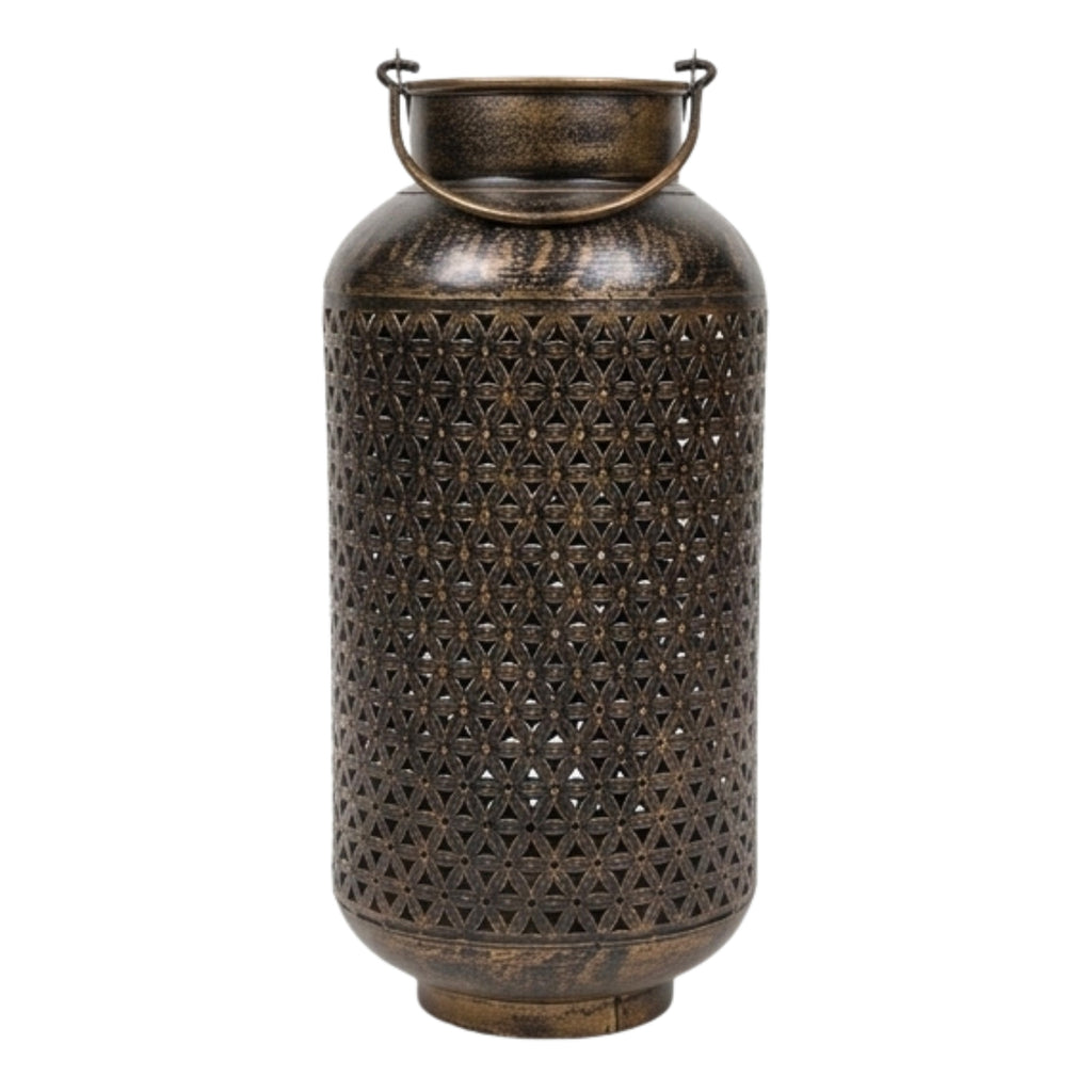 Antique Bronze Finish Metal Floor Lantern & Flower Vase | Decorative Jali Cut Cutwork Tea Light Holder Stand I-75-A