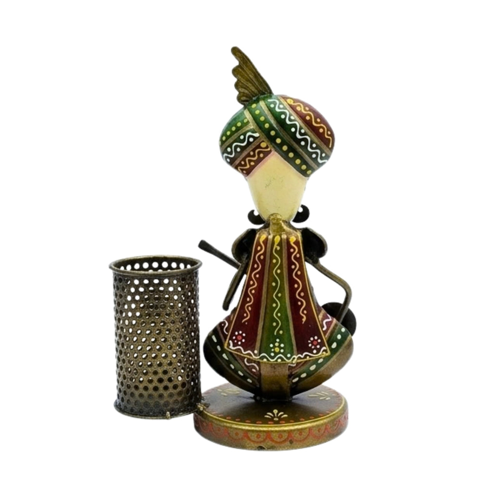 Handcrafted Rajasthani Musician Metal Pen Stand & Ethnic Desk Organizer I-243-A