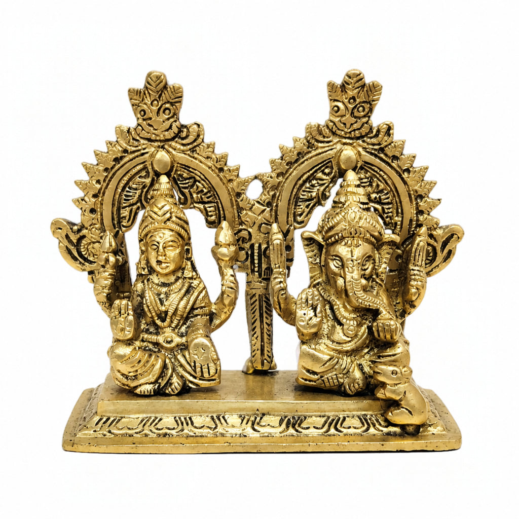 Exquisite Brass Lakshmi Ganesha Idol Set with Twin Prabhavali Arch Decor BR-467-A