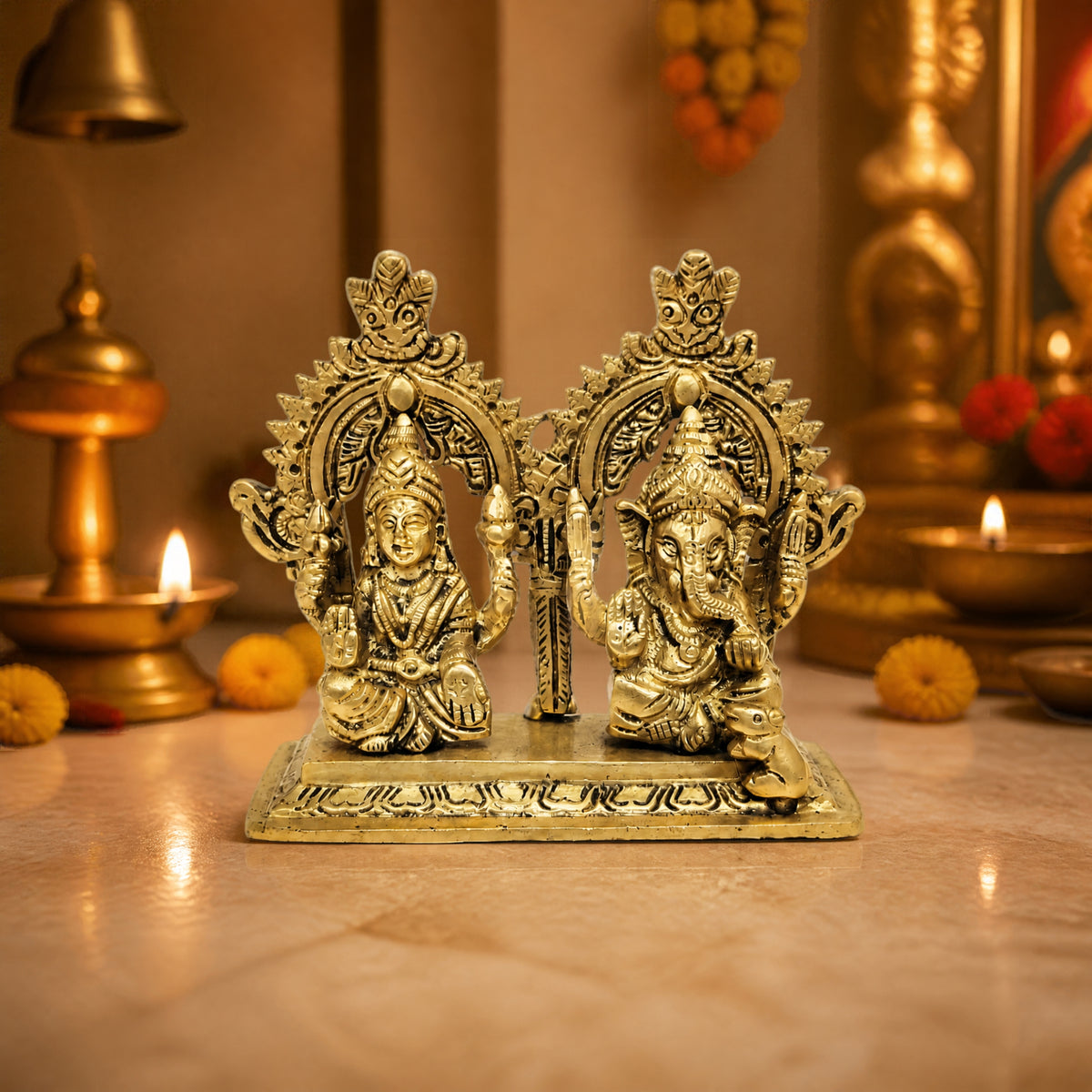 Exquisite Brass Lakshmi Ganesha Idol Set with Twin Prabhavali Arch Decor BR-467-A