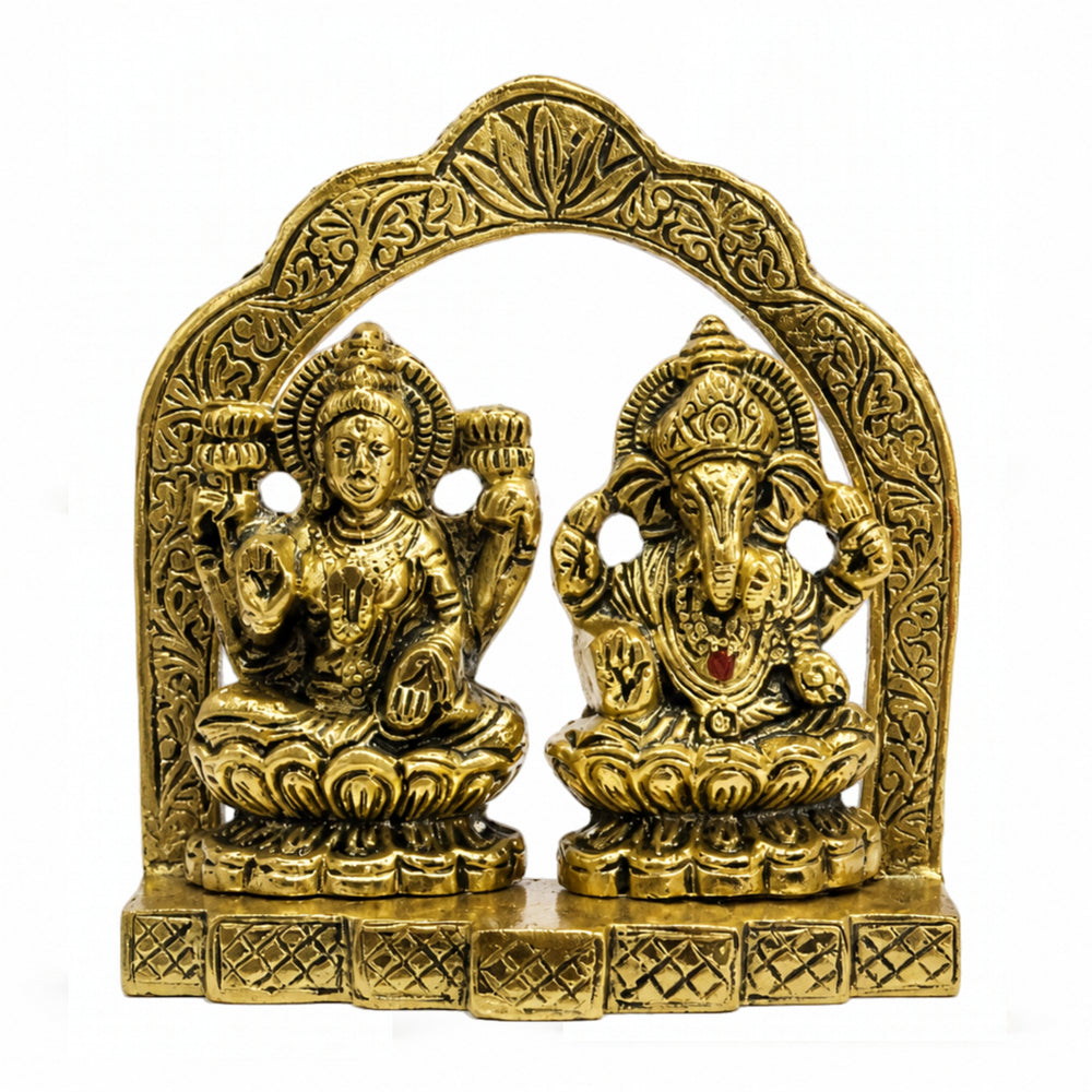 Antique Golden Metal Lakshmi Ganesha Idol with Arch (9.2cm x 11cm) – Sacred Laxmi Ganesh Murti for Home Décor, Diwali Puja, and Gifting W-265-A