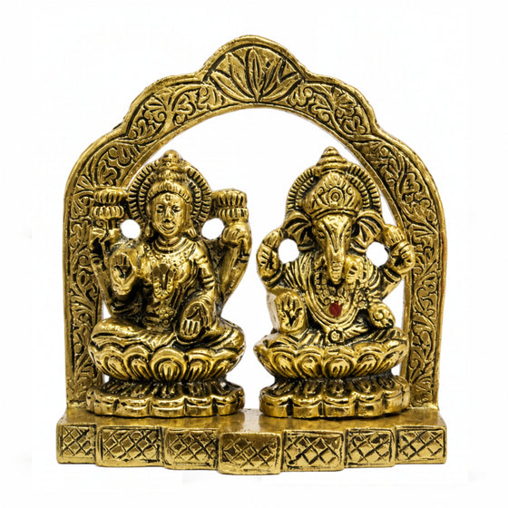 Antique Golden Metal Lakshmi Ganesha Idol with Arch (9.2cm x 11cm) – Sacred Laxmi Ganesh Murti for Home Décor, Diwali Puja, and Gifting W-265-A