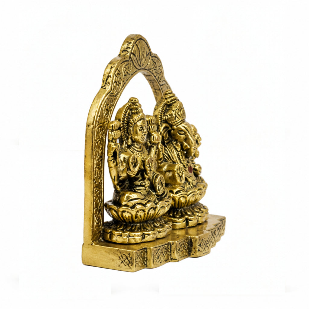 Antique Golden Metal Lakshmi Ganesha Idol with Arch (9.2cm x 11cm) – Sacred Laxmi Ganesh Murti for Home Décor, Diwali Puja, and Gifting W-265-A