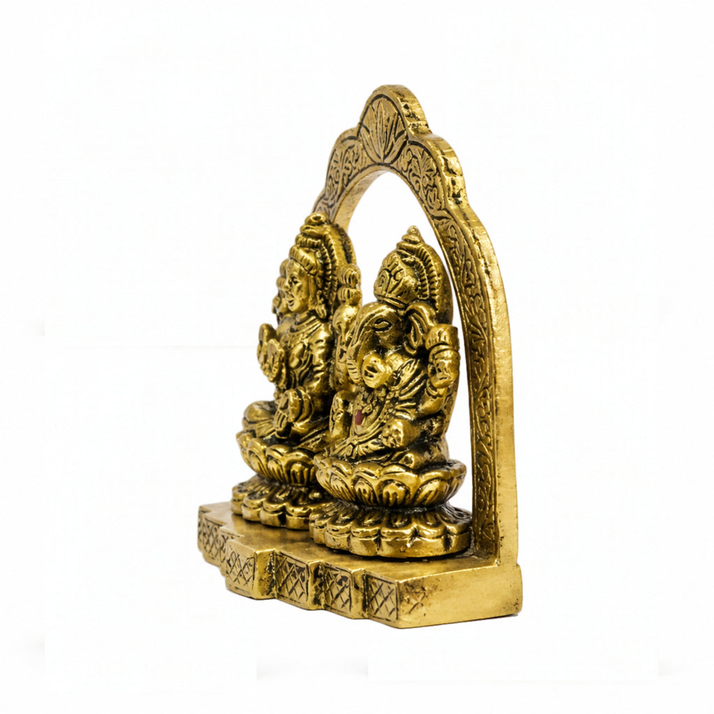 Antique Golden Metal Lakshmi Ganesha Idol with Arch (9.2cm x 11cm) – Sacred Laxmi Ganesh Murti for Home Décor, Diwali Puja, and Gifting W-265-A