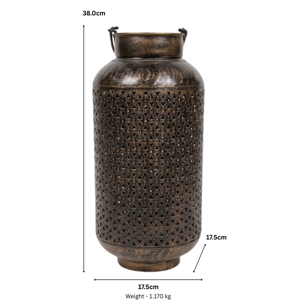 Antique Bronze Finish Metal Floor Lantern & Flower Vase | Decorative Jali Cut Cutwork Tea Light Holder Stand I-75-A