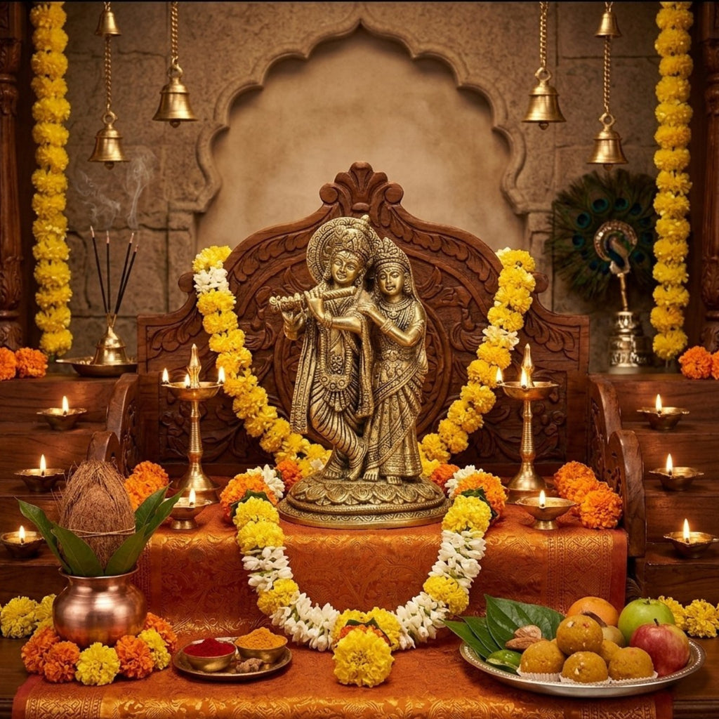 Handcrafted Brass Radha Krishna Idol – Traditional Radha Krishna Statue on Lotus Base for Home Pooja Mandir & Luxury Decor BR-397-A
