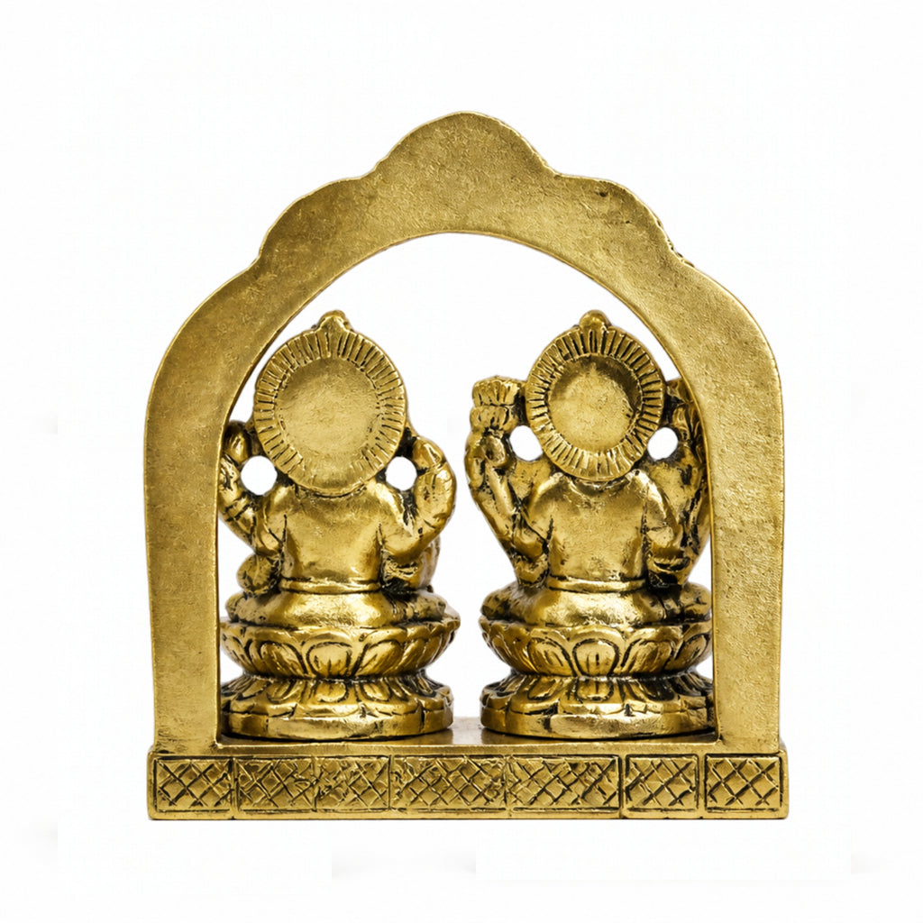 Antique Golden Metal Lakshmi Ganesha Idol with Arch (9.2cm x 11cm) – Sacred Laxmi Ganesh Murti for Home Décor, Diwali Puja, and Gifting W-265-A
