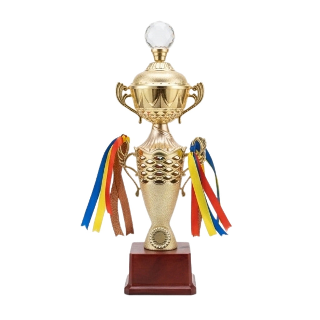 Premium Tiered Fiber Memento with Crystal Finial, Festive Ribbons, and Mahogany Base M-237-C