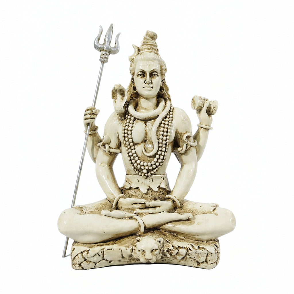 Meditating Lord Shiva Fiber Idol with Trishul (9.2cm x 11cm) – White Marble Finish Mahadev Murti for Car Dashboard, Home Décor, Pooja Mandir, and Gifting F-179-A