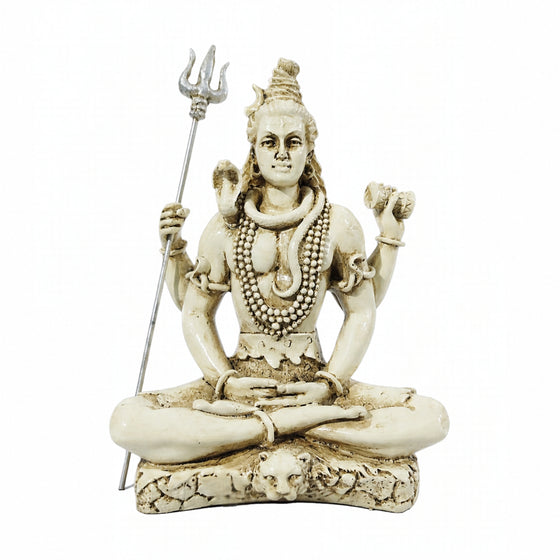Meditating Lord Shiva Fiber Idol with Trishul (9.2cm x 11cm) – White Marble Finish Mahadev Murti for Car Dashboard, Home Décor, Pooja Mandir, and Gifting F-179-A
