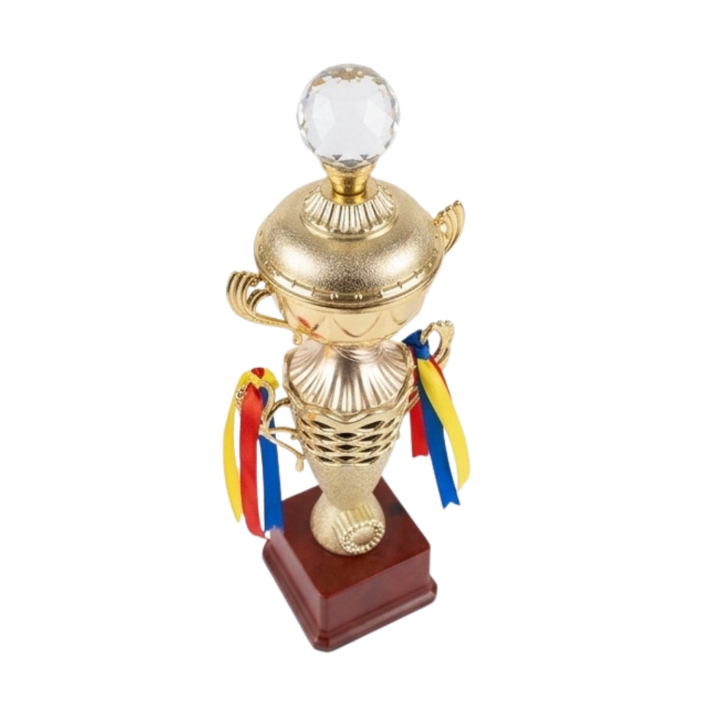 Premium Tiered Fiber Memento with Crystal Finial, Festive Ribbons, and Mahogany Base M-237-C