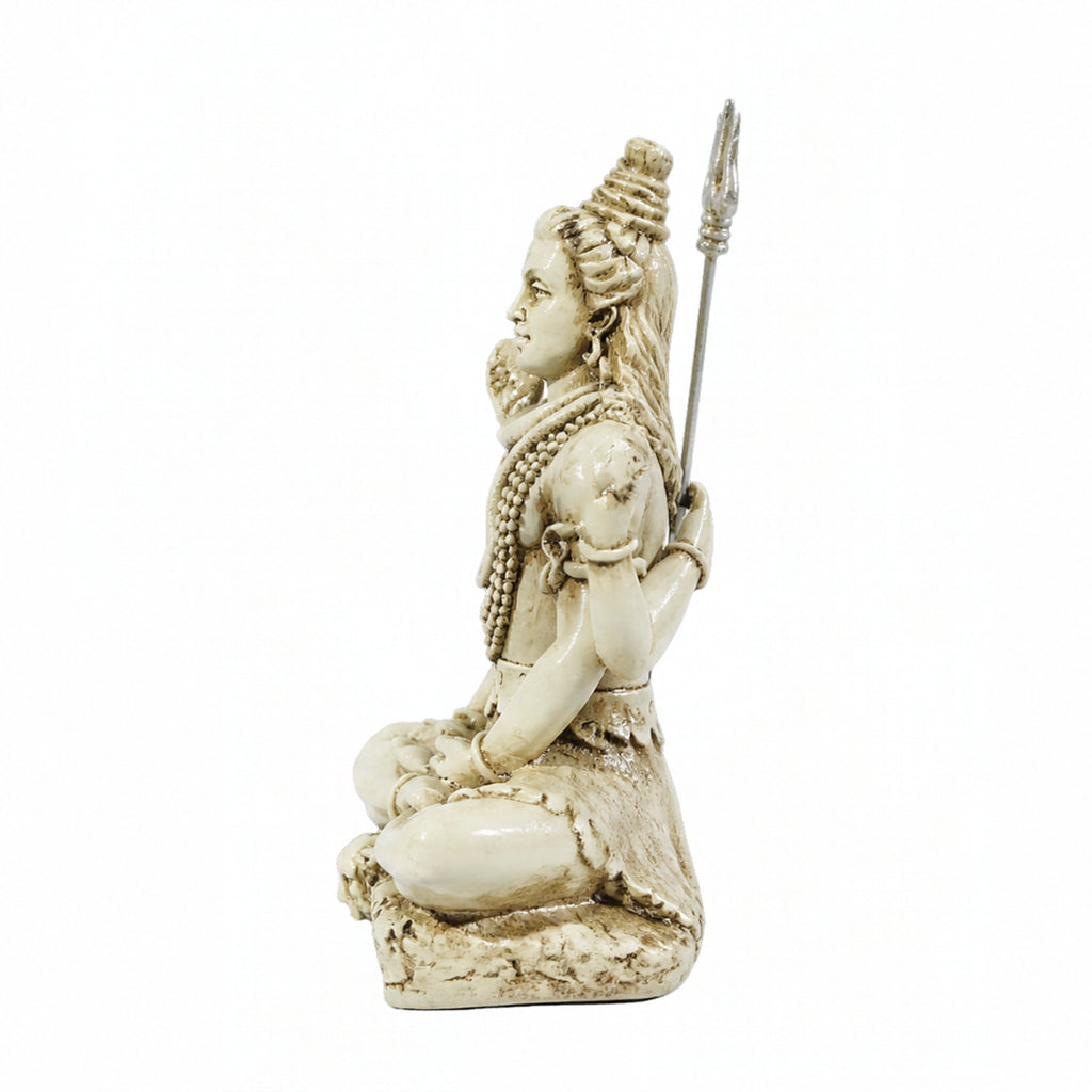 Meditating Lord Shiva Fiber Idol with Trishul (9.2cm x 11cm) – White Marble Finish Mahadev Murti for Car Dashboard, Home Décor, Pooja Mandir, and Gifting F-179-A
