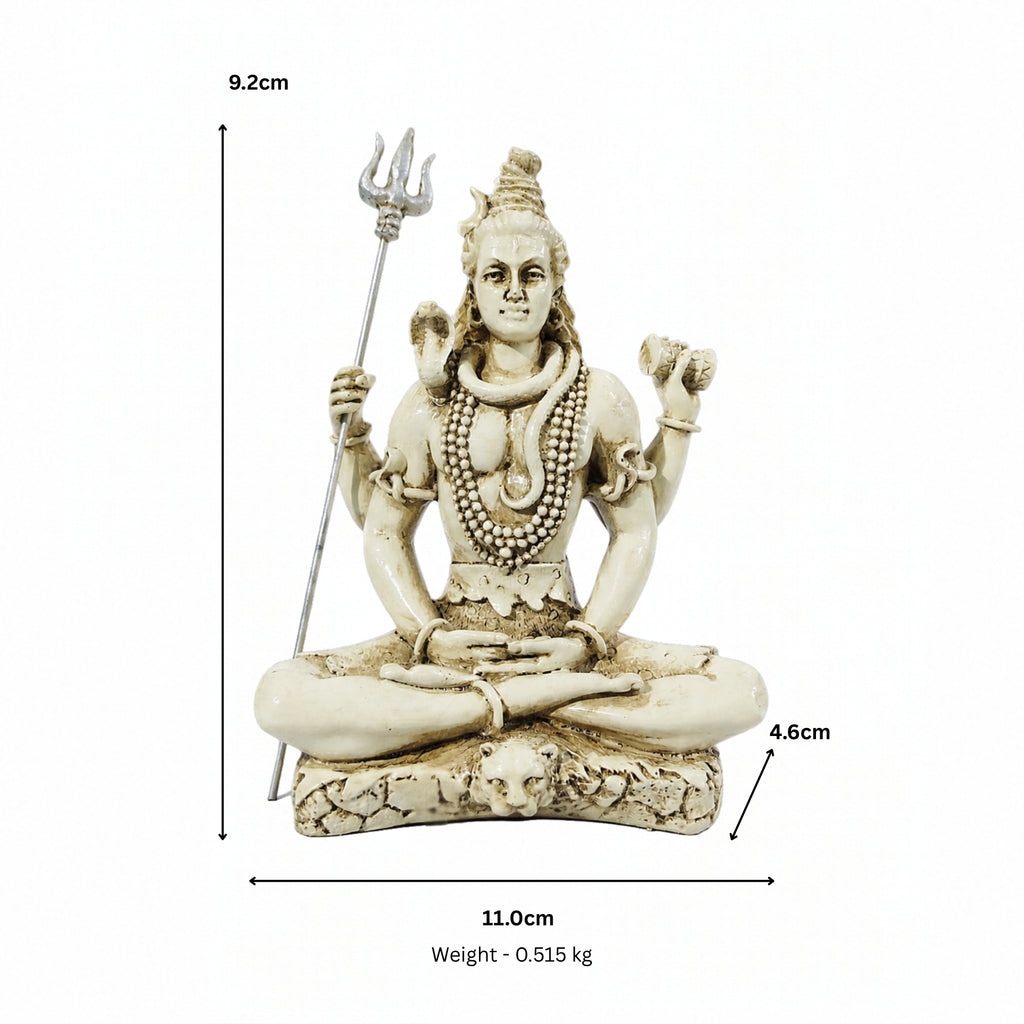 Meditating Lord Shiva Fiber Idol with Trishul (9.2cm x 11cm) – White Marble Finish Mahadev Murti for Car Dashboard, Home Décor, Pooja Mandir, and Gifting F-179-A