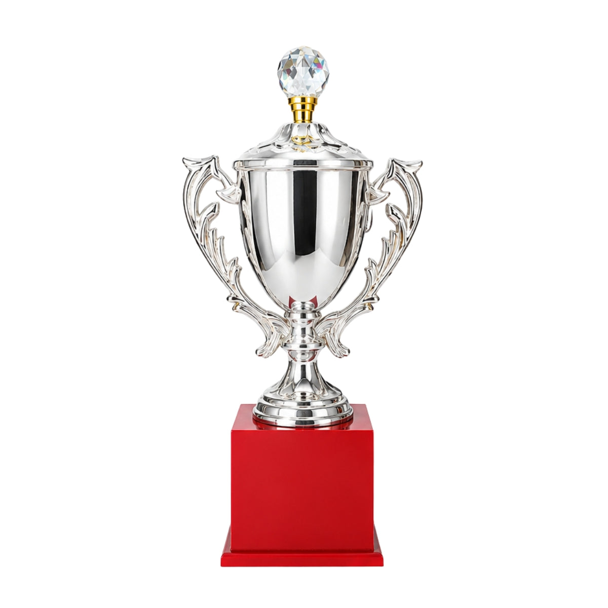 Premium Silver-Plated Fiber Trophy Cup with Crystal Finial and Glossy Red Base M-578-B