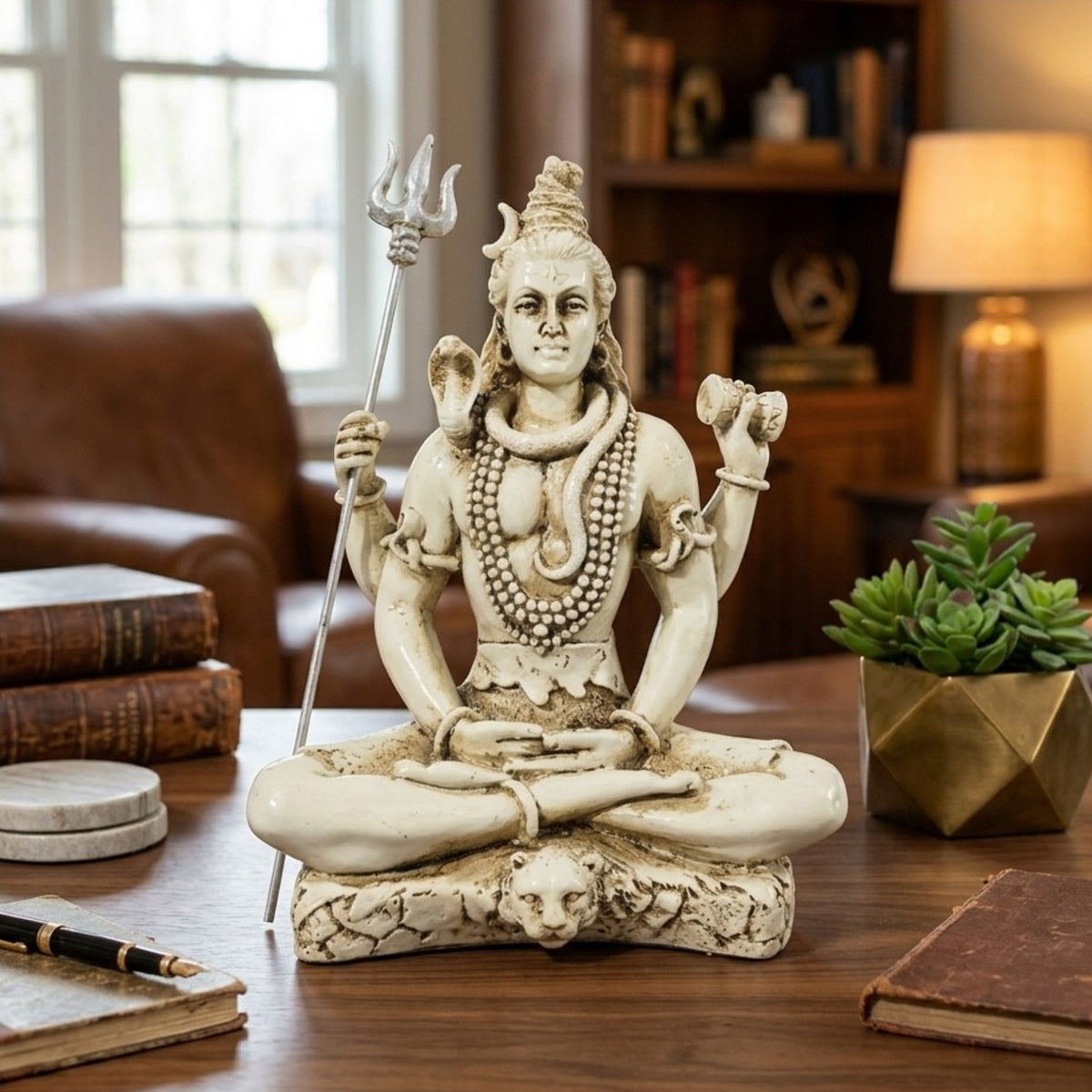 Meditating Lord Shiva Fiber Idol with Trishul (9.2cm x 11cm) – White Marble Finish Mahadev Murti for Car Dashboard, Home Décor, Pooja Mandir, and Gifting F-179-A