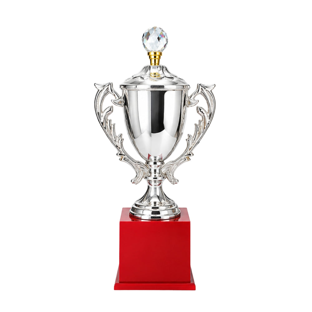 Premium Silver-Plated Fiber Trophy Cup with Crystal Finial and Glossy Red Base M-578-B