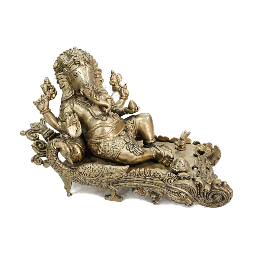 Premium Reclining Lord Ganesha on Peacock Couch (41.6cm x 25.6cm) – 10.29kg Heavy Pure Brass Resting Ganesh Murti for Home Décor, Office Lobby, and Luxury Gifting BR-364-A