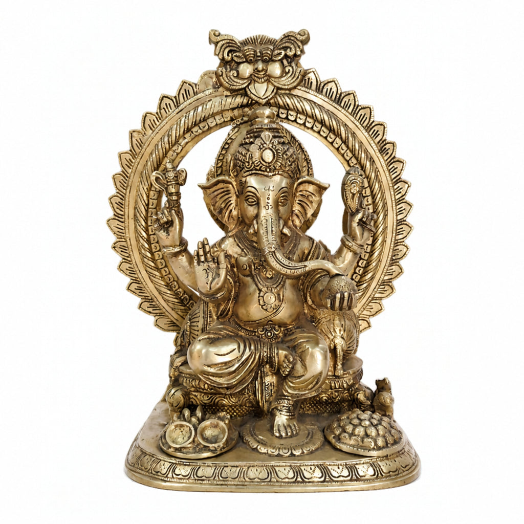 Premium Heavy Pure Brass Lord Ganesha Idol with Prabhavali Arch (40cm x 33.3cm) – 13kg Large Seated Ganesh Murti for Home Entrance, Pooja Mandir, and Luxury Corporate Gifting BR-315-A