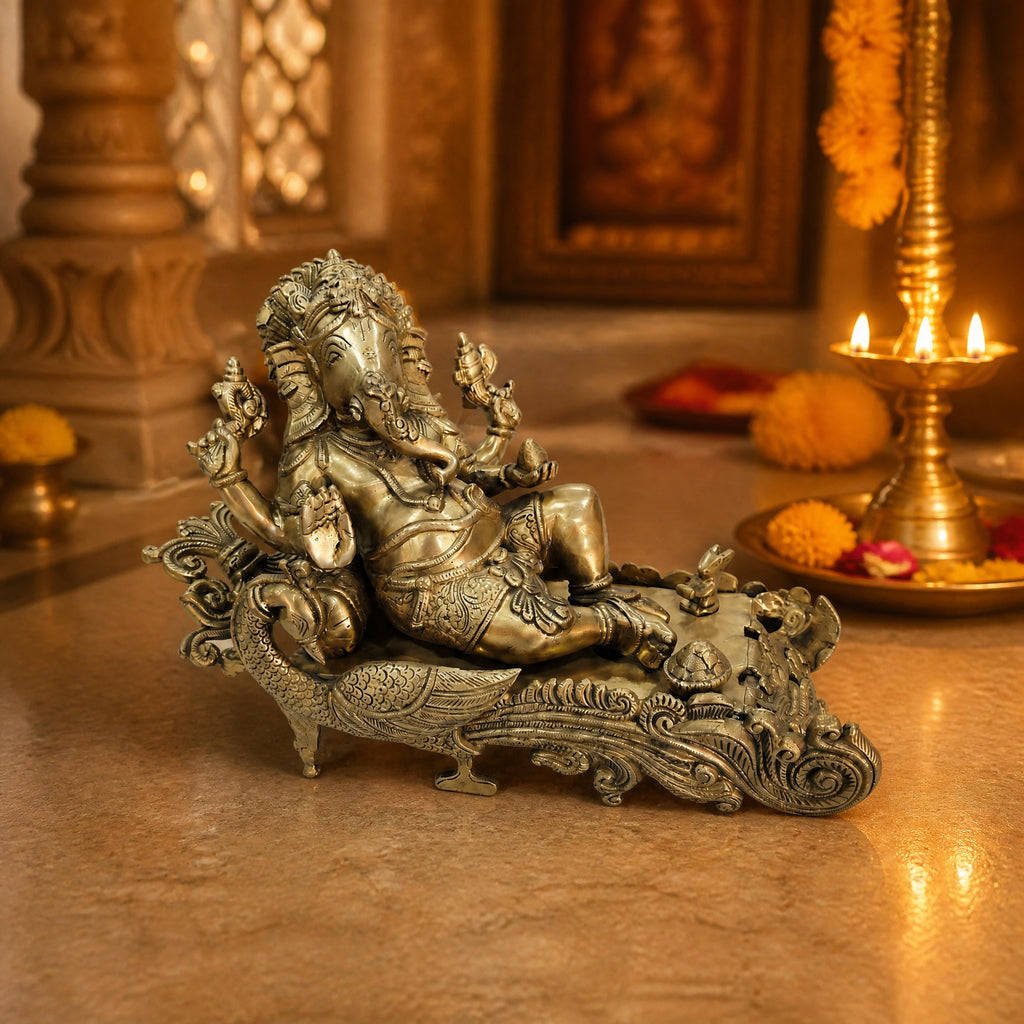 Premium Reclining Lord Ganesha on Peacock Couch (41.6cm x 25.6cm) – 10.29kg Heavy Pure Brass Resting Ganesh Murti for Home Décor, Office Lobby, and Luxury Gifting BR-364-A