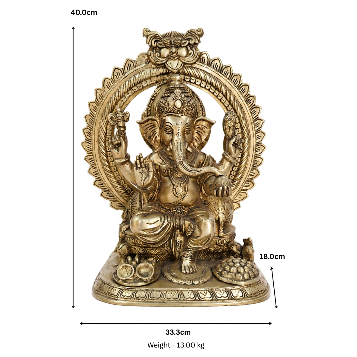 Premium Heavy Pure Brass Lord Ganesha Idol with Prabhavali Arch (40cm x 33.3cm) – 13kg Large Seated Ganesh Murti for Home Entrance, Pooja Mandir, and Luxury Corporate Gifting BR-315-A