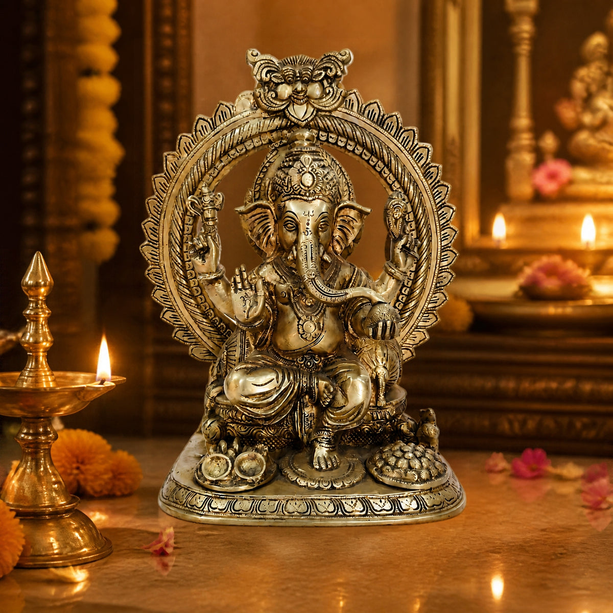 Premium Heavy Pure Brass Lord Ganesha Idol with Prabhavali Arch (40cm x 33.3cm) – 13kg Large Seated Ganesh Murti for Home Entrance, Pooja Mandir, and Luxury Corporate Gifting BR-315-A
