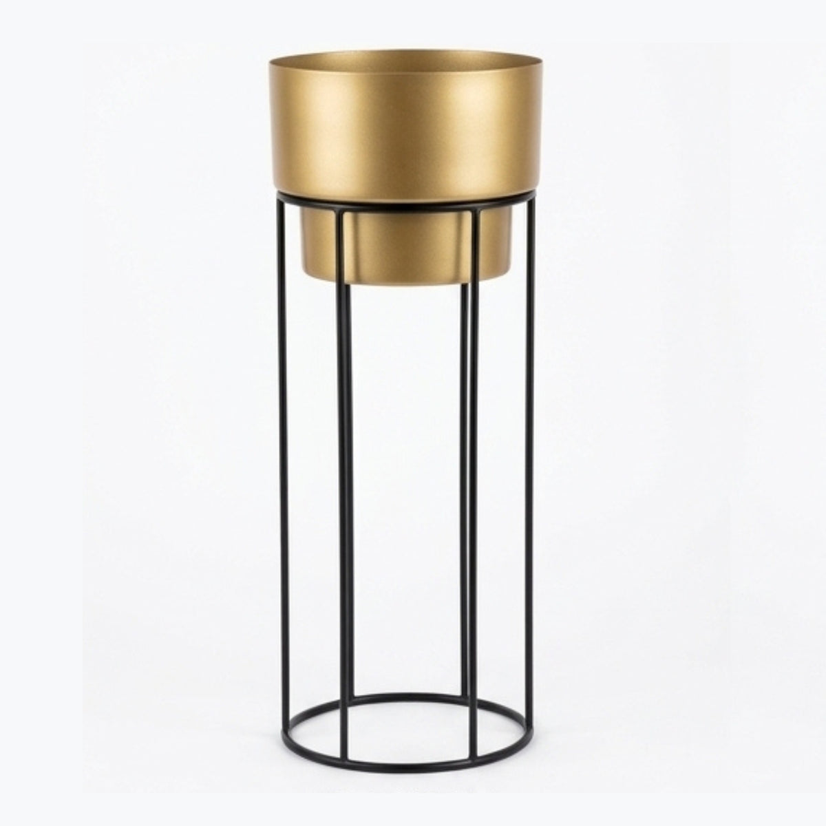 Modern Metal Planter with Tall Wire Stand | Minimalist Matte Gold Flower Pot with Black Iron Geometric Base | Indoor Luxury Plant Display Stand for Living Room and Office I-114