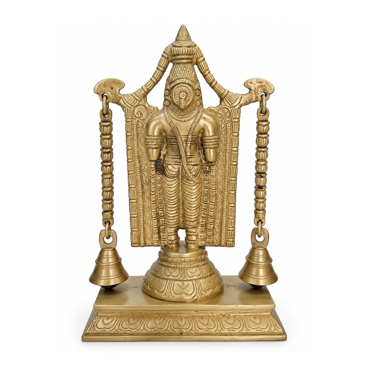 Handcrafted Brass Tirupati Balaji Idol with Arch & Hanging Bells – Premium Lord Venkateswara Srinivasa Statue for Home Mandir & Vastu BR-134-A