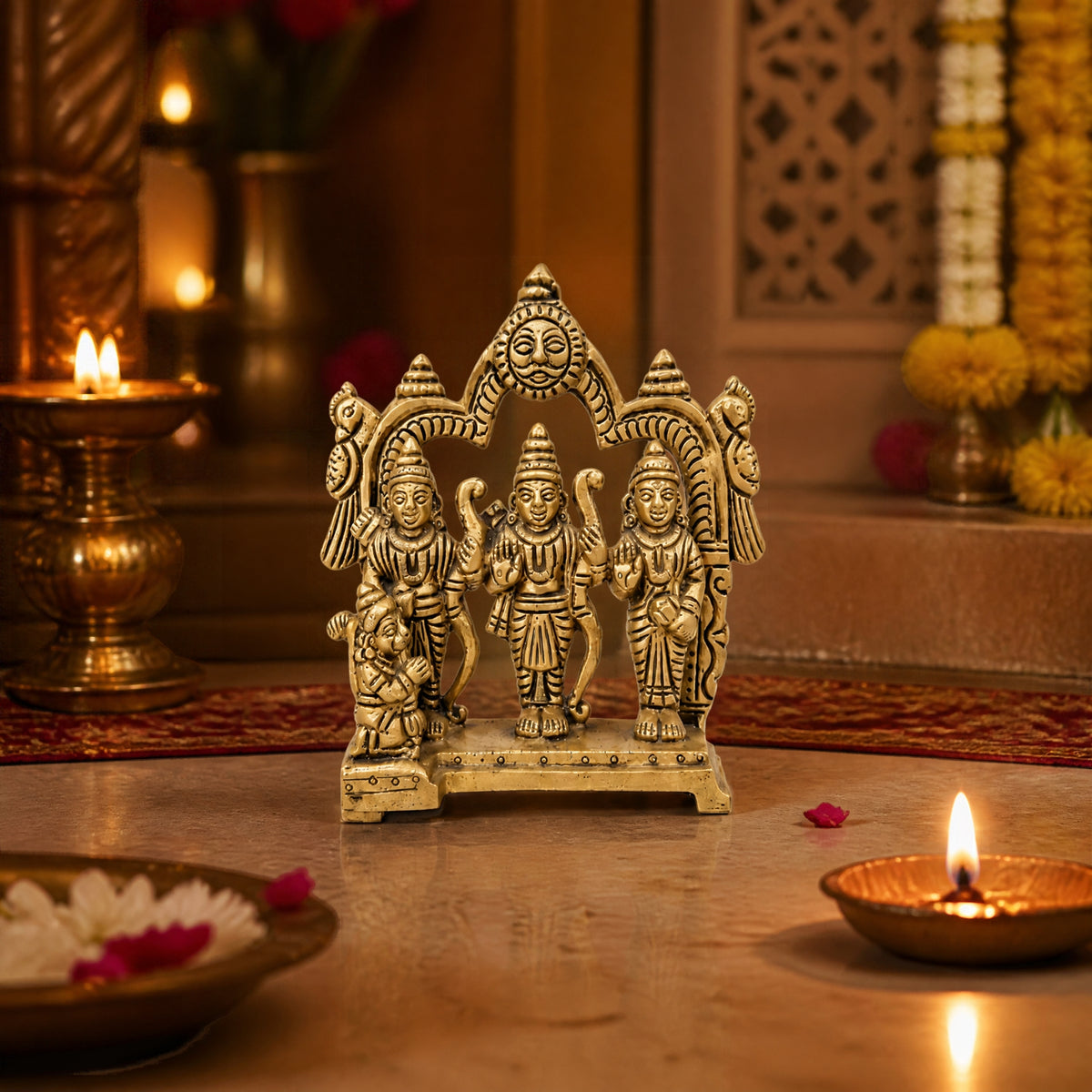 Antique Pure Brass Ram Darbar Idol with Traditional Arch – Handcrafted Shri Ram, Lakshman, Sita, and Hanuman Murti for Home Temple, Mandir Pooja, and Festive Gifting BR-361-A