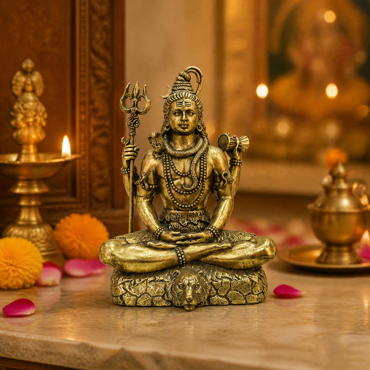 Antique Brass Lord Shiva Idol Sitting on Tiger Skin (12.6 cm, 325g) BR-145-B