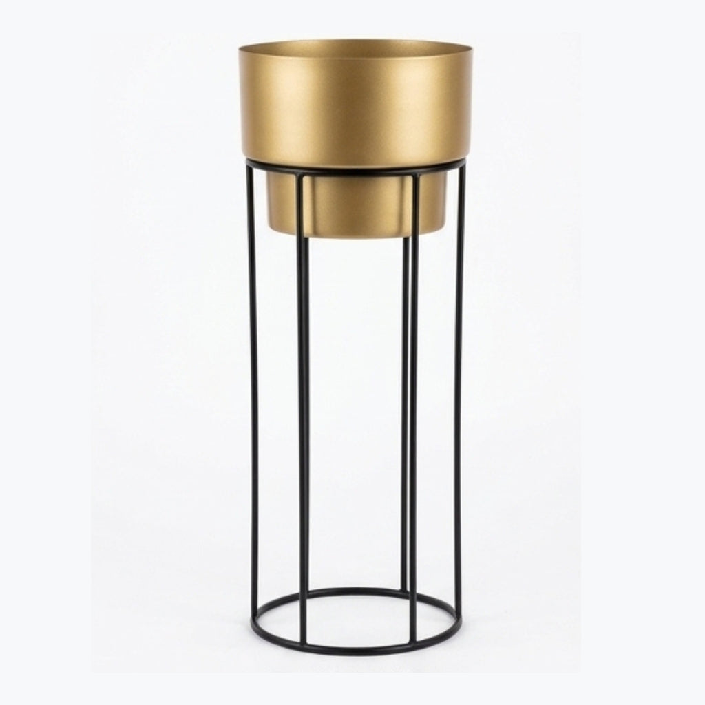 Modern Metal Planter with Tall Wire Stand | Minimalist Matte Gold Flower Pot with Black Iron Geometric Base | Indoor Luxury Plant Display Stand for Living Room and Office I-114