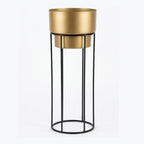 Modern Metal Planter with Tall Wire Stand | Minimalist Matte Gold Flower Pot with Black Iron Geometric Base | Indoor Luxury Plant Display Stand for Living Room and Office I-114