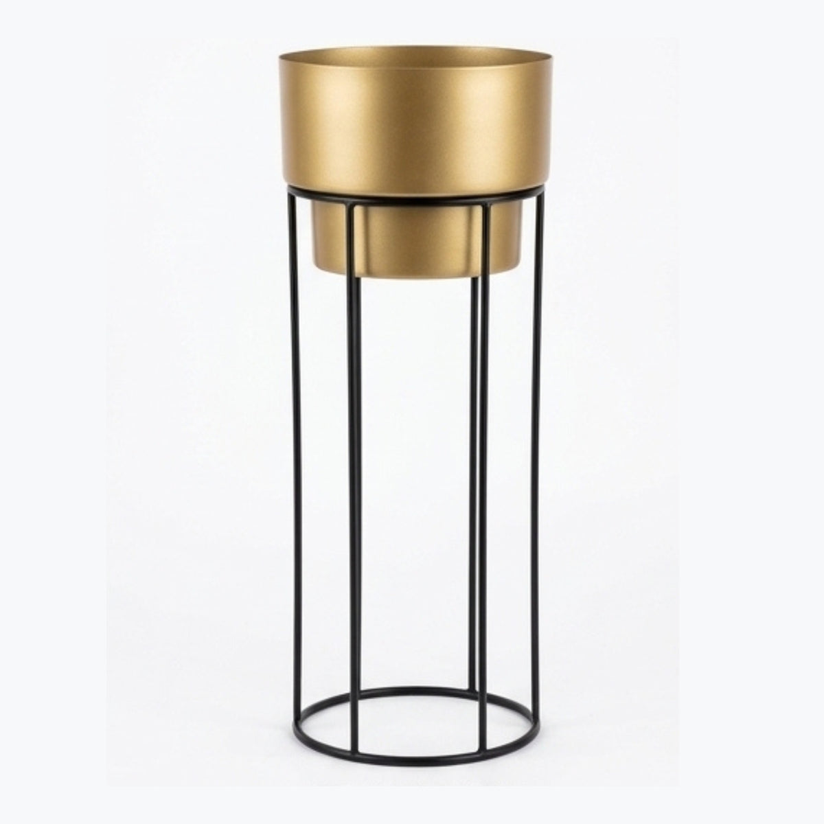 Modern Metal Planter with Tall Wire Stand | Minimalist Matte Gold Flower Pot with Black Iron Geometric Base | Indoor Luxury Plant Display Stand for Living Room and Office I-114