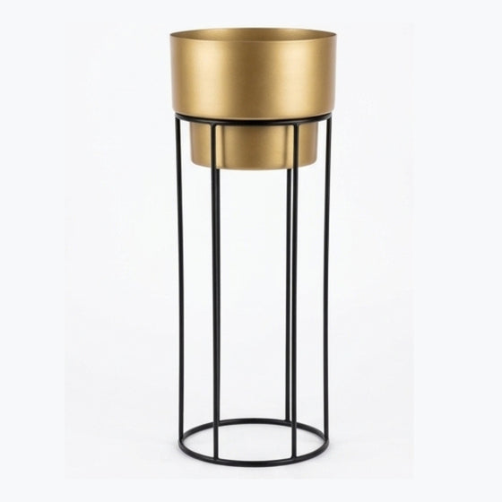 Modern Metal Planter with Tall Wire Stand | Minimalist Matte Gold Flower Pot with Black Iron Geometric Base | Indoor Luxury Plant Display Stand for Living Room and Office I-114