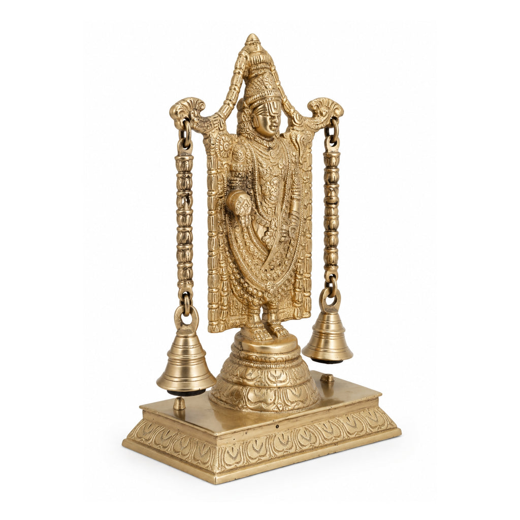 Handcrafted Brass Tirupati Balaji Idol with Arch & Hanging Bells – Premium Lord Venkateswara Srinivasa Statue for Home Mandir & Vastu BR-134-A