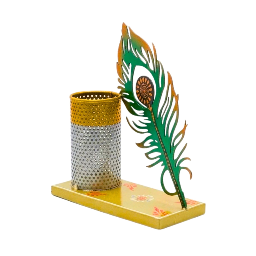 Handcrafted Metal Peacock Feather Pen Stand & Elegant Desk Organizer I-306-A