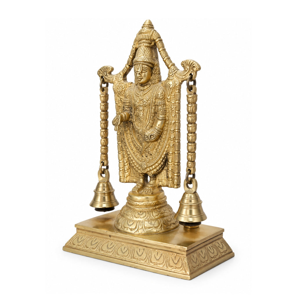 Handcrafted Brass Tirupati Balaji Idol with Arch & Hanging Bells – Premium Lord Venkateswara Srinivasa Statue for Home Mandir & Vastu BR-134-A