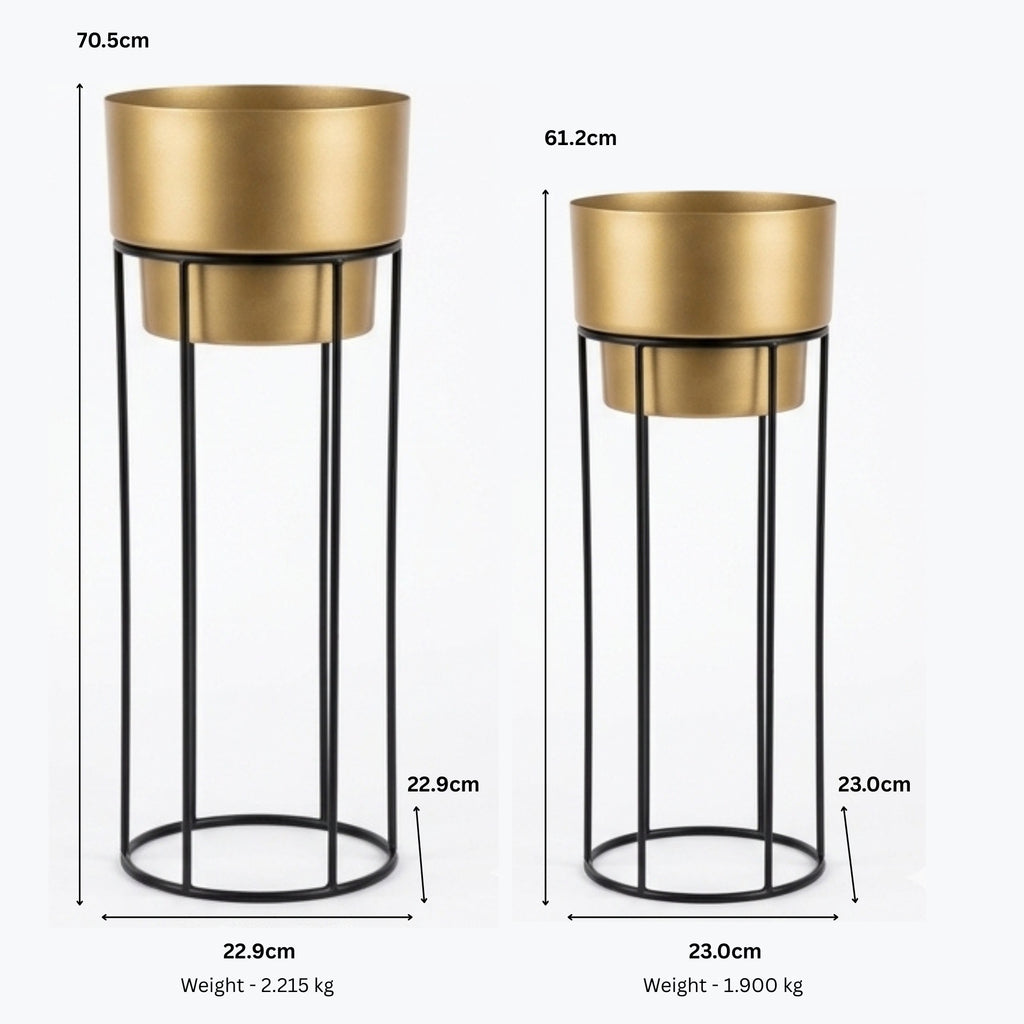 Modern Metal Planter with Tall Wire Stand | Minimalist Matte Gold Flower Pot with Black Iron Geometric Base | Indoor Luxury Plant Display Stand for Living Room and Office I-114