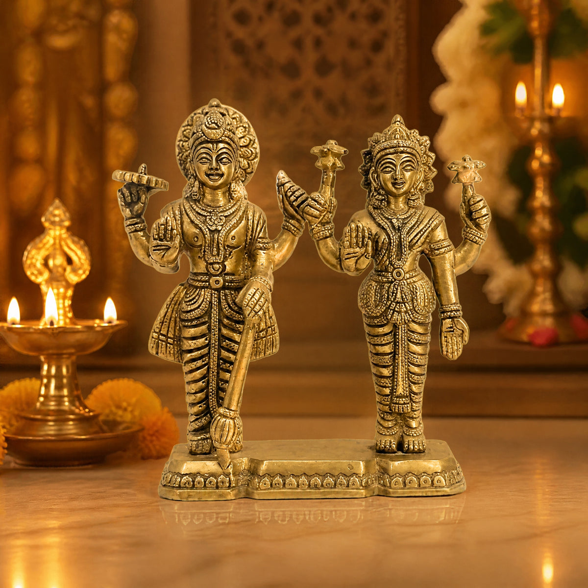 Premium Brass Lakshmi Narayana Idol (15.5 cm, 1.535 kg) – Handcrafted Lord Vishnu and Goddess Lakshmi Statue for Home Mandir, Pooja & Auspicious Gifting BR-17-A