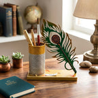 Handcrafted Metal Peacock Feather Pen Stand & Elegant Desk Organizer I-306-A