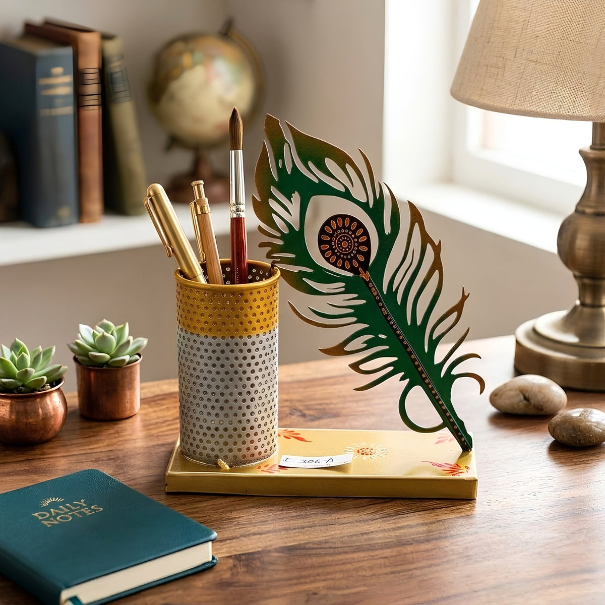 Handcrafted Metal Peacock Feather Pen Stand & Elegant Desk Organizer I-306-A