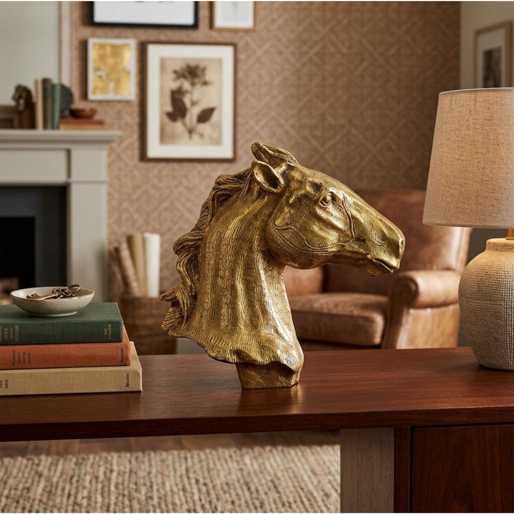 Handcrafted Golden Brass Horse Head Sculpture | Majestic Equine Bust Table Decor BR-137-A
