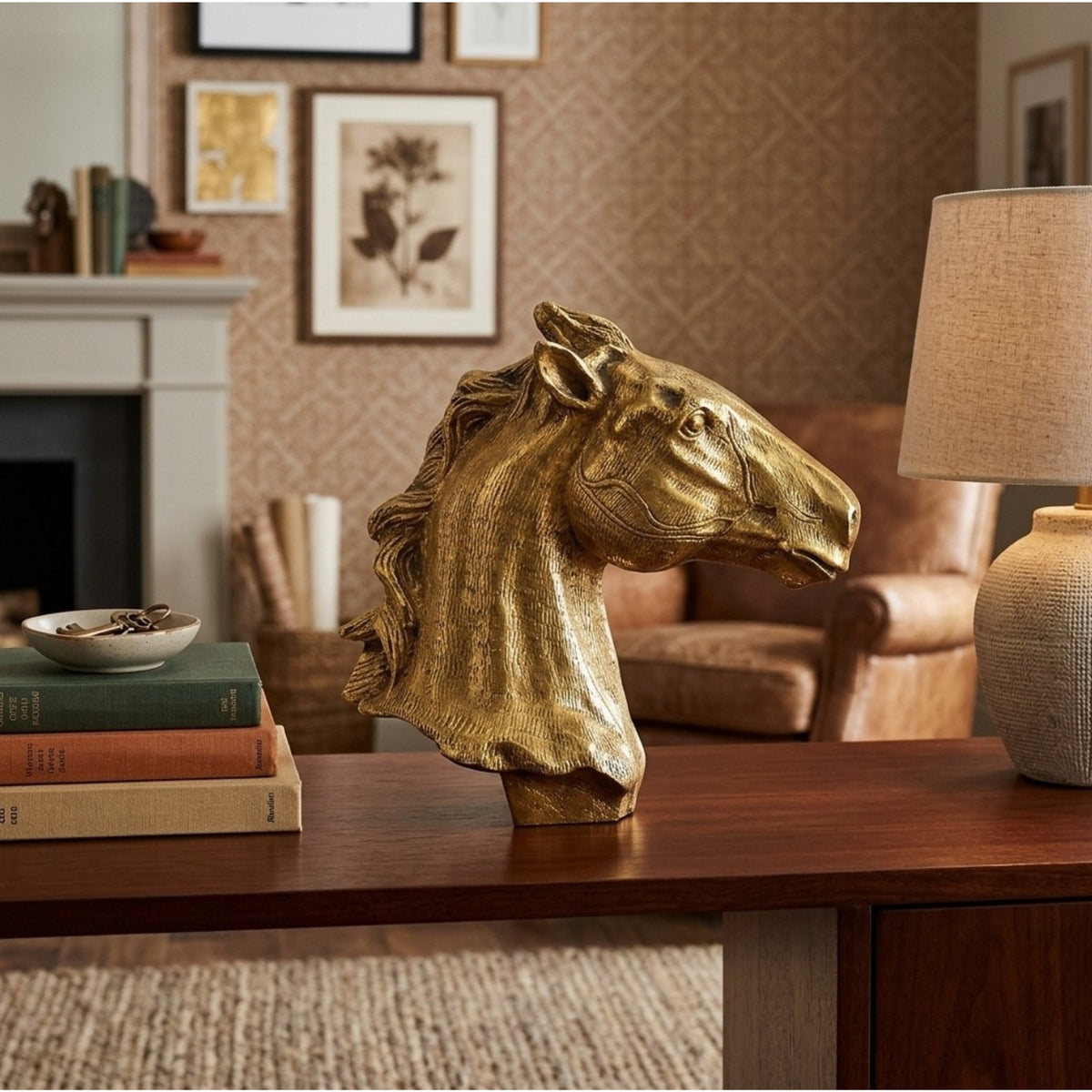 Handcrafted Golden Brass Horse Head Sculpture | Majestic Equine Bust Table Decor BR-137-A