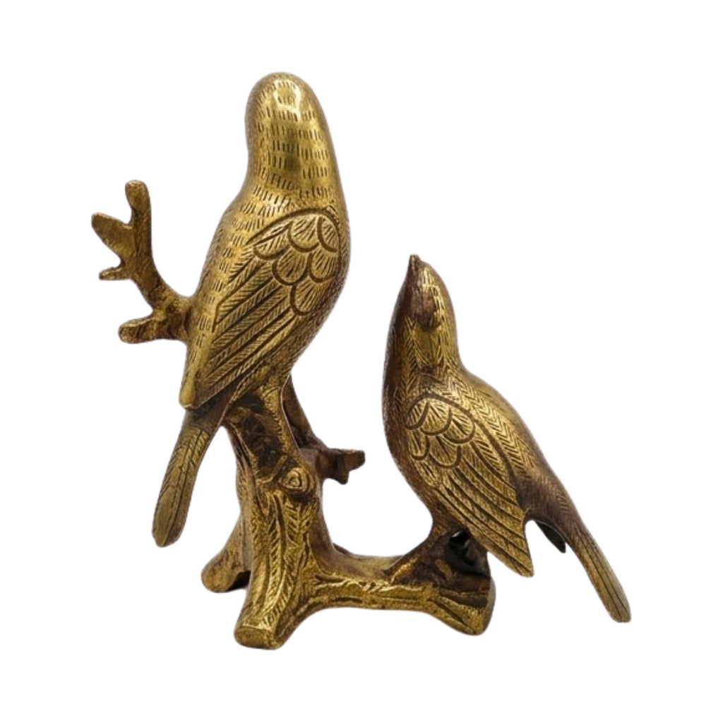Handcrafted Brass Love Birds on Tree Branch Sculpture | Antique Golden Pair Figurine BR-138-A